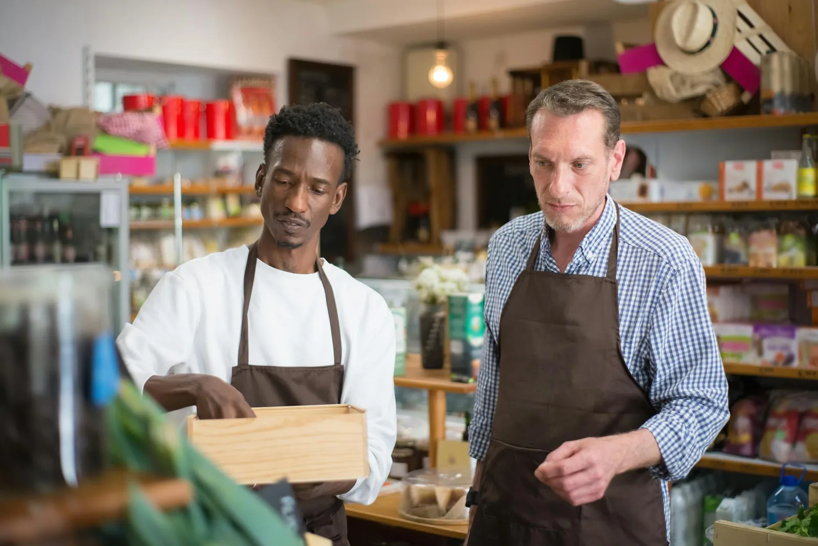 Employés organisant des produits dans une épicerie locale chaleureuse