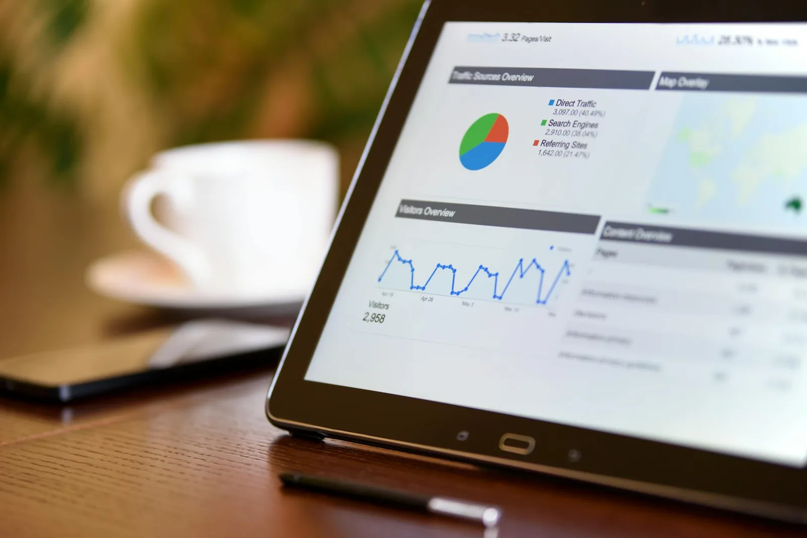 Gros plan d'une tablette affichant des graphiques d'analyse sur un bureau en bois